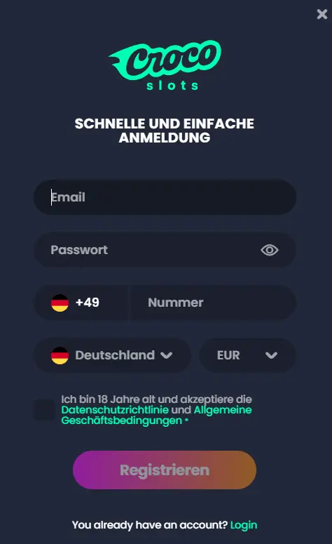 Eine Registrierung vor Crocoslots Casino Login